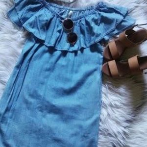 Off the Shoulder Pocketed Denim Dress